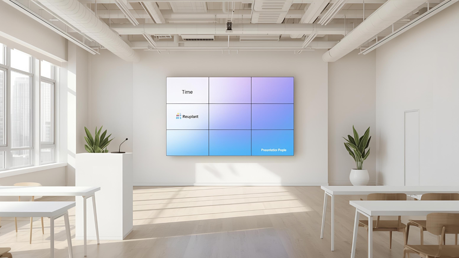Modern corporate meeting with display and hybrid presentation environment