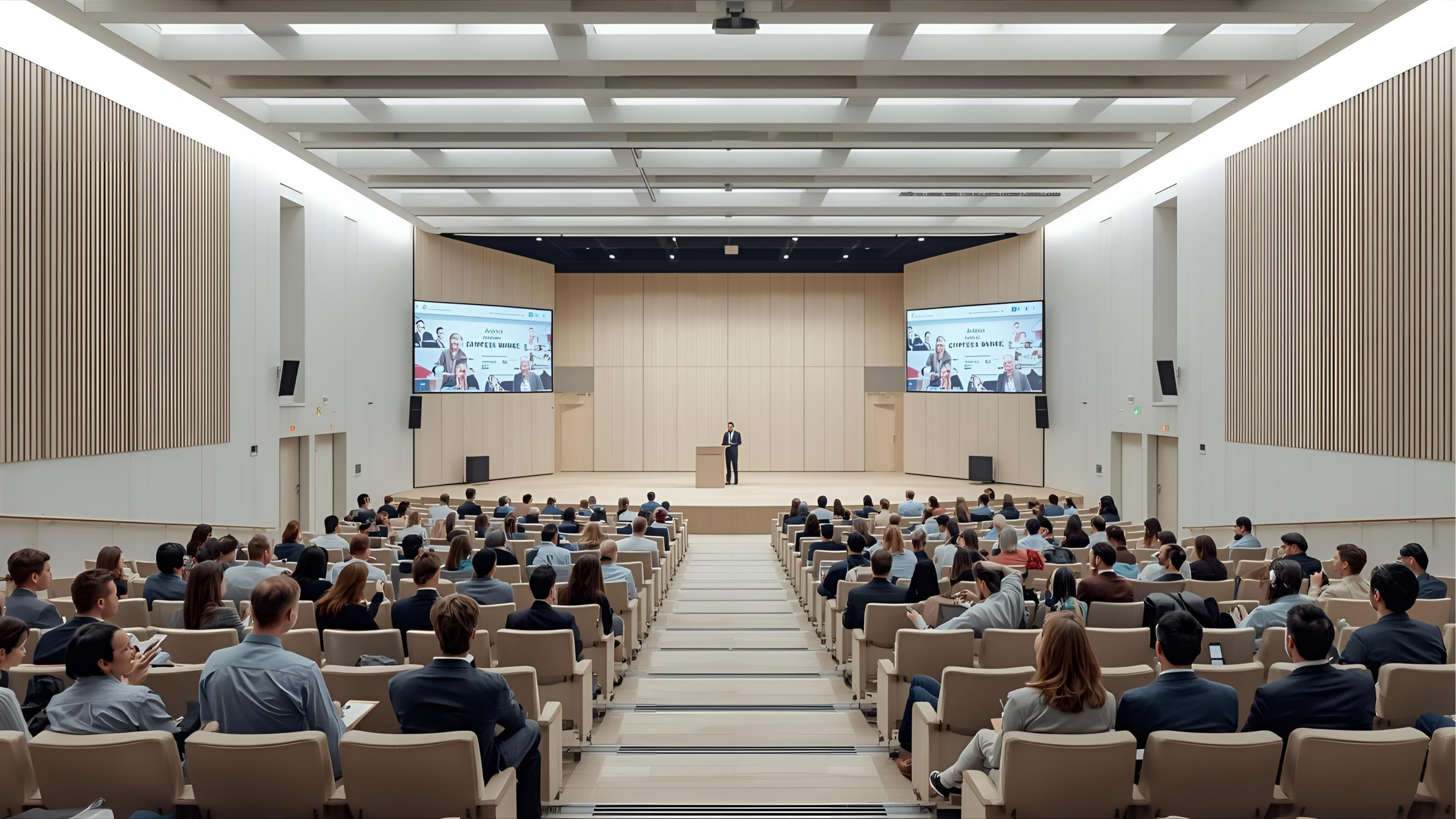 Auditorium with stage lighting, line-array audio and multiple cameras