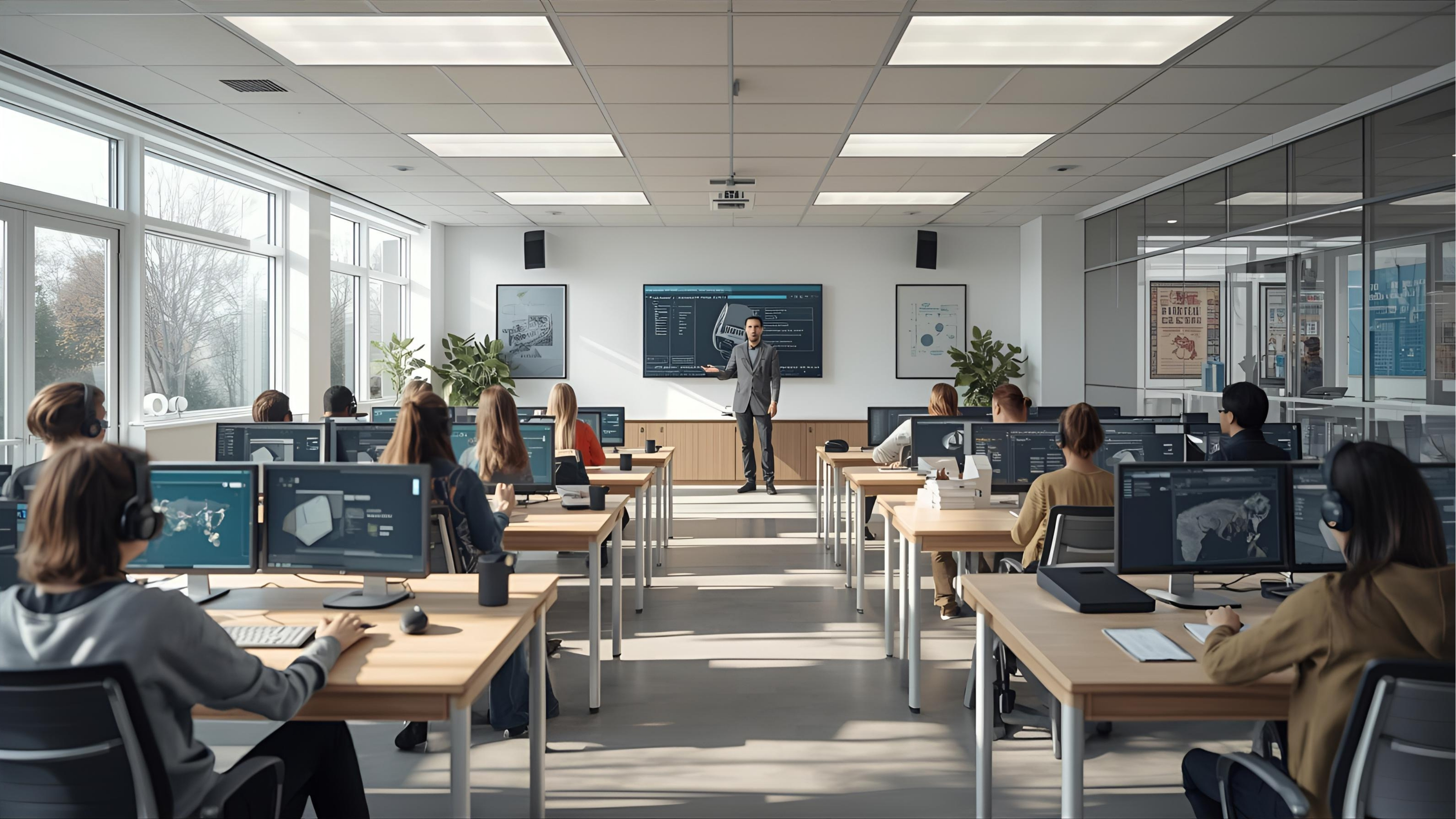 Computer lab with instructor station and student monitoring displays