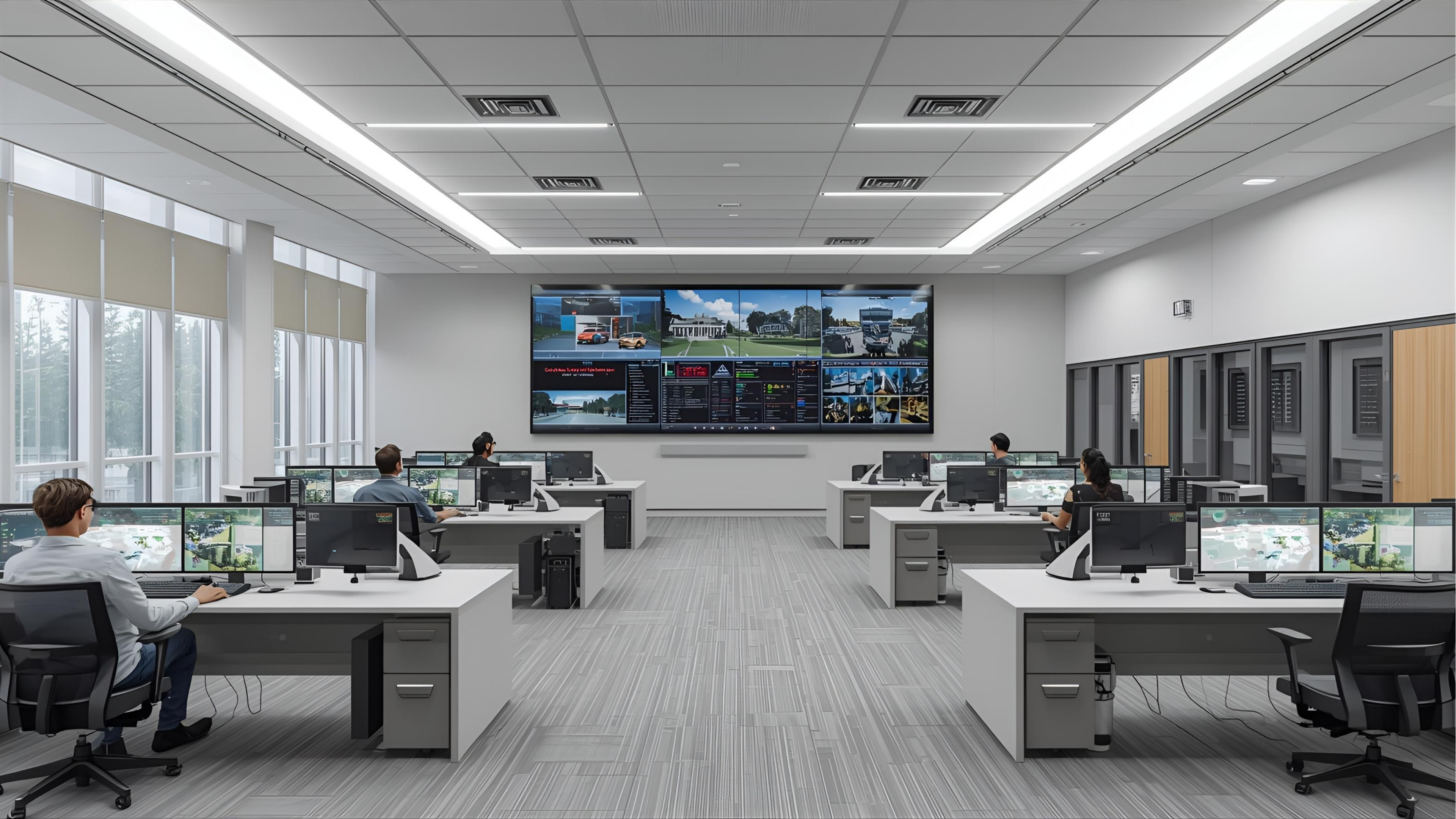 Campus operations center with video wall and monitoring consoles