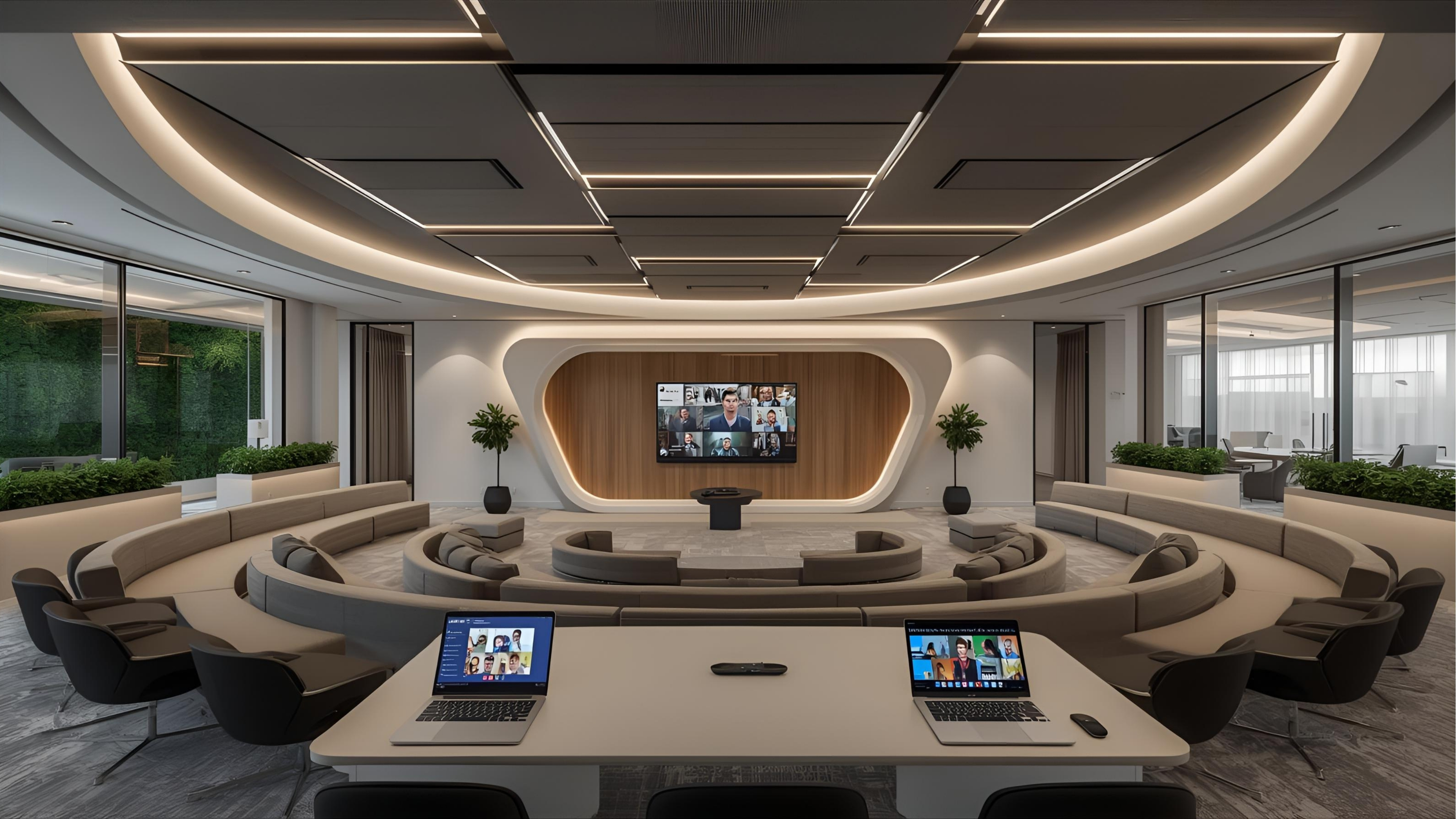 Seminar room for hybrid discussion with VC bar and single display