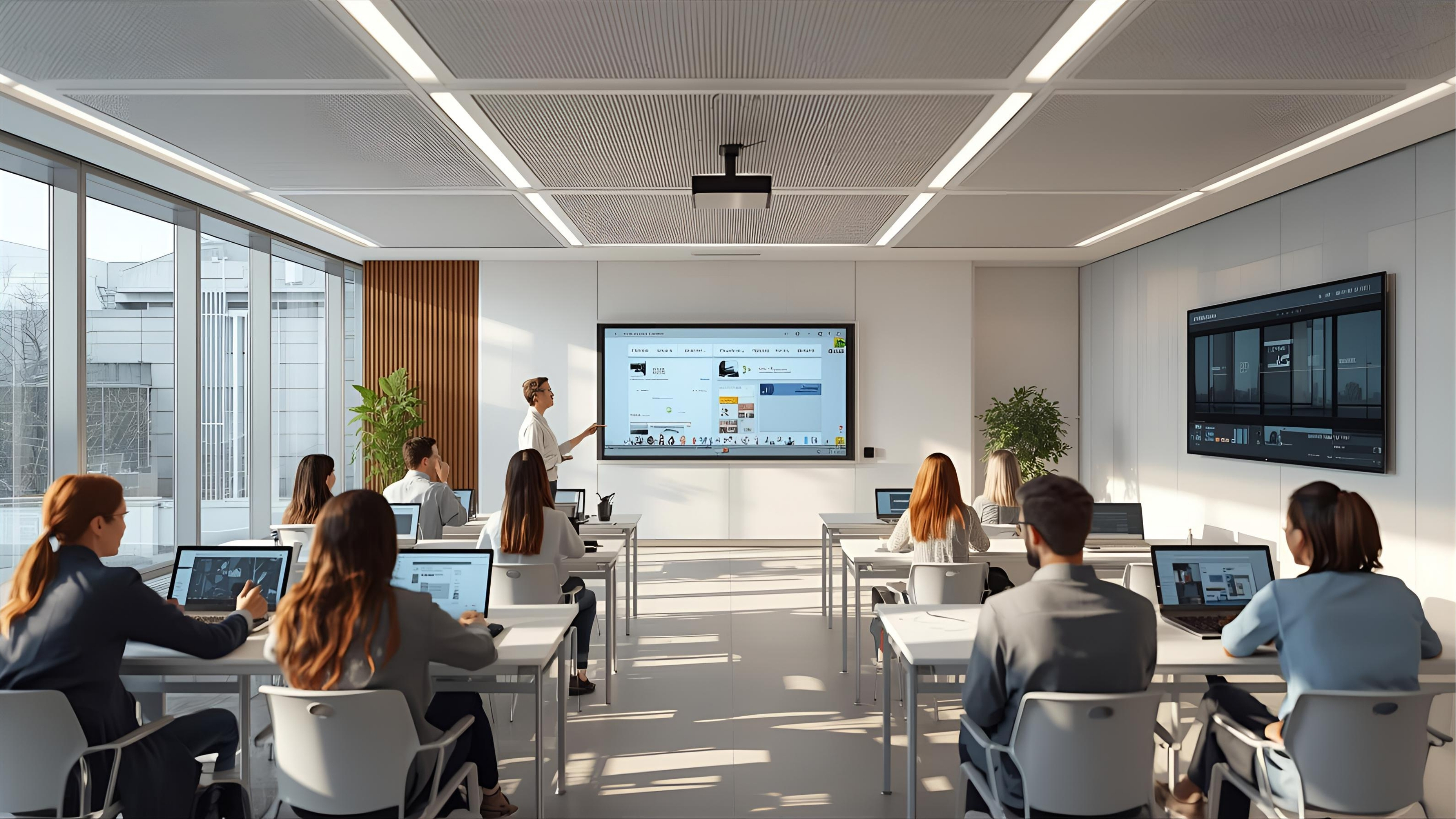Smart classroom with interactive panel, teacher camera and ceiling speakers