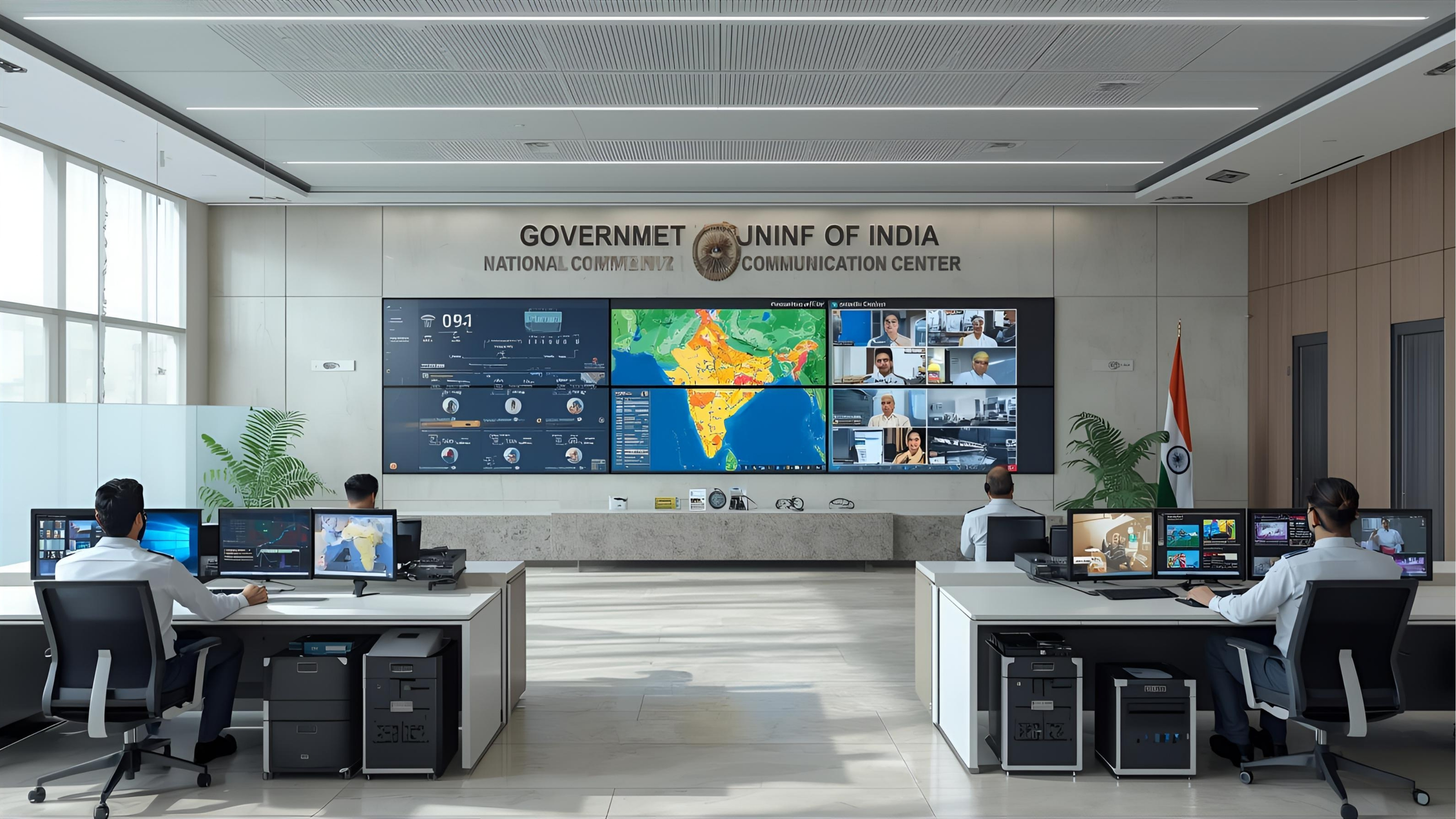 Government control room with video wall, operator consoles, and secure communication systems