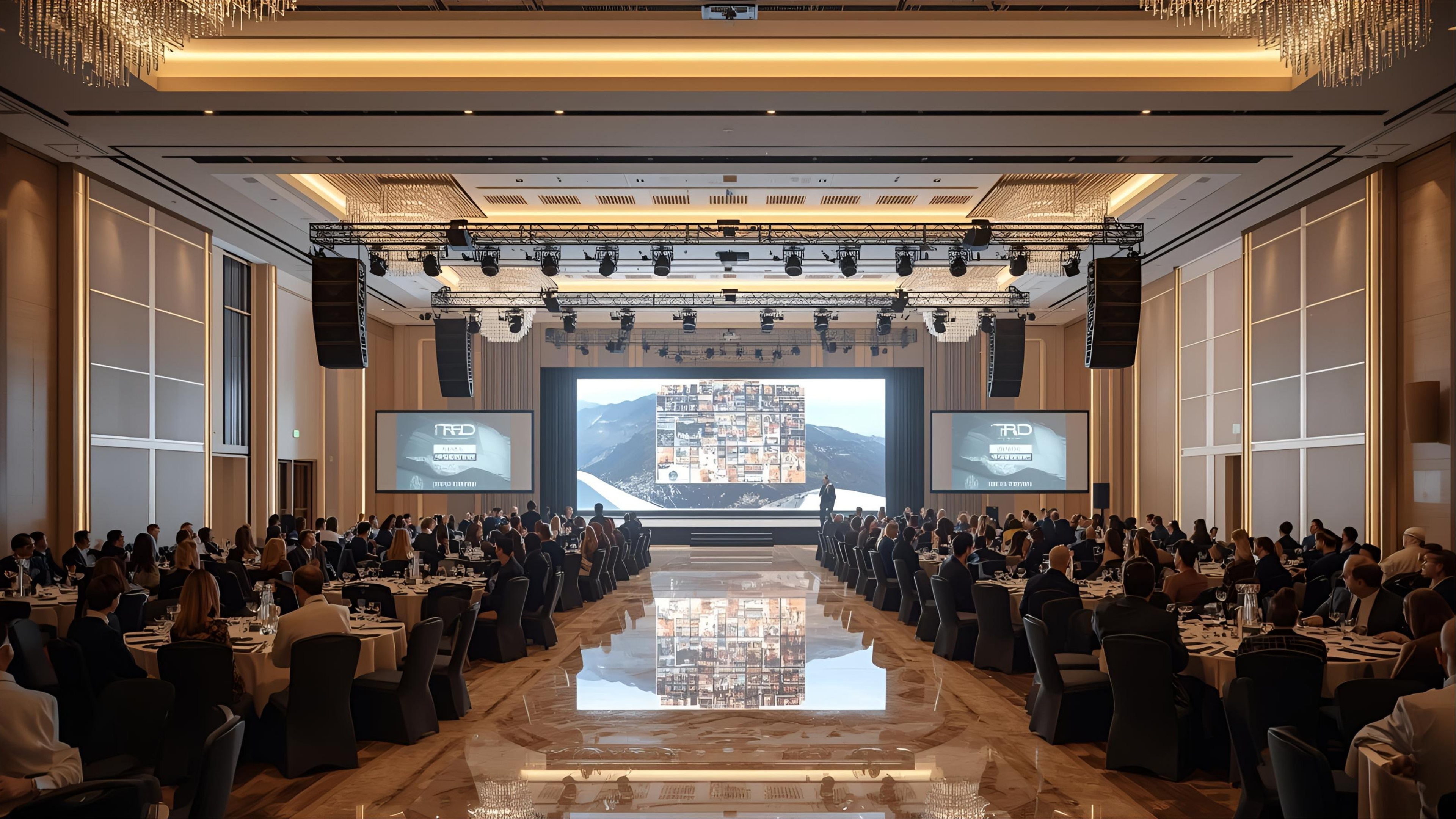 Grand hotel ballroom with LED wall, stage lighting, and multi-camera coverage
