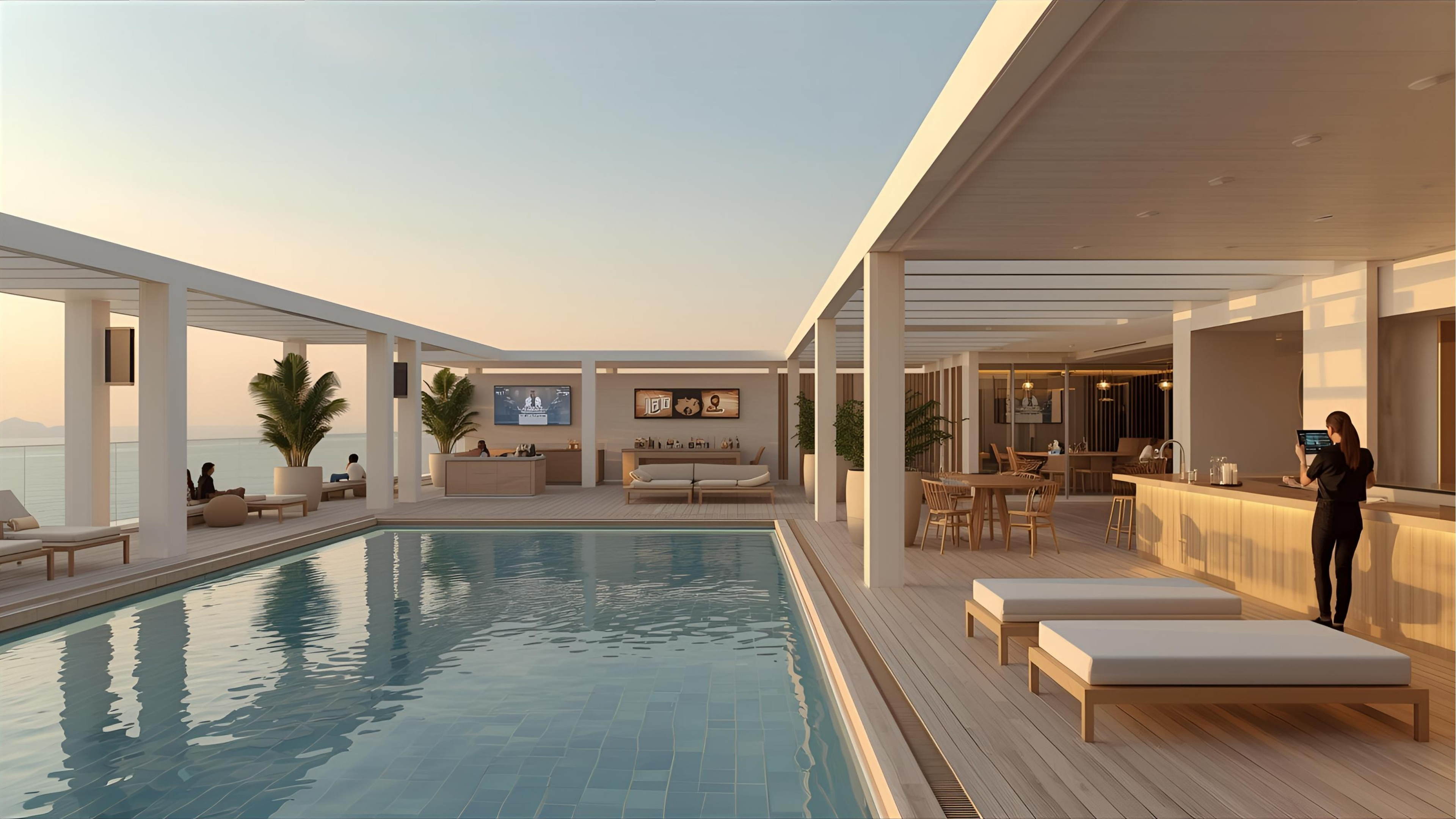 Rooftop lounge and pool deck with outdoor speakers and lighting