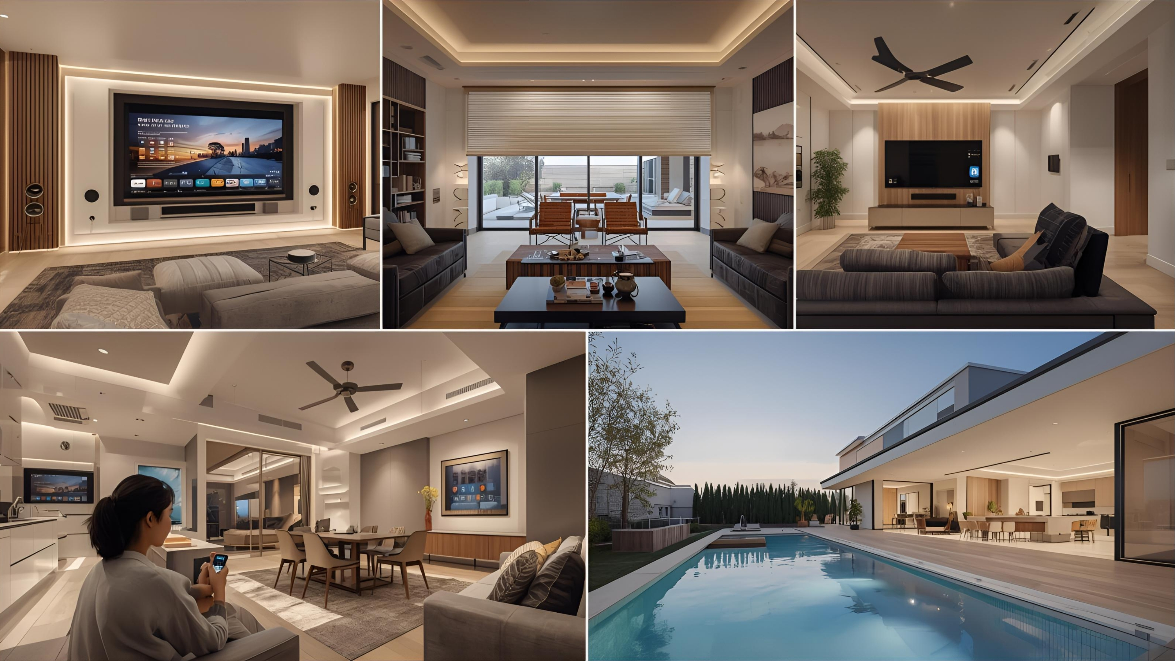 Modern residential AV environments including a dedicated home theater, a smart living room with architectural lighting, an outdoor entertainment zone, and a bedroom with automated shades.