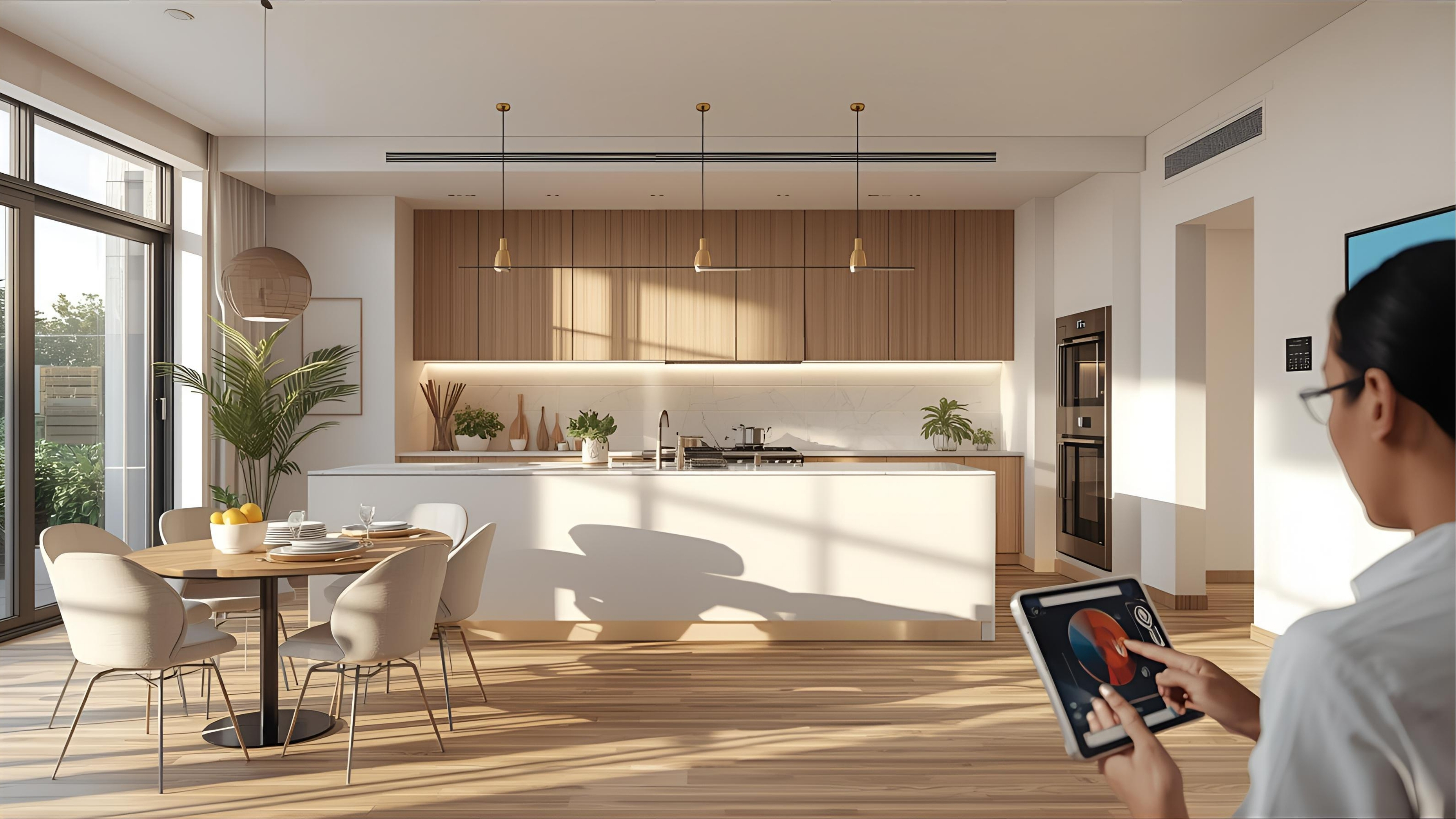 Open-plan kitchen and dining area with integrated audio and lighting
