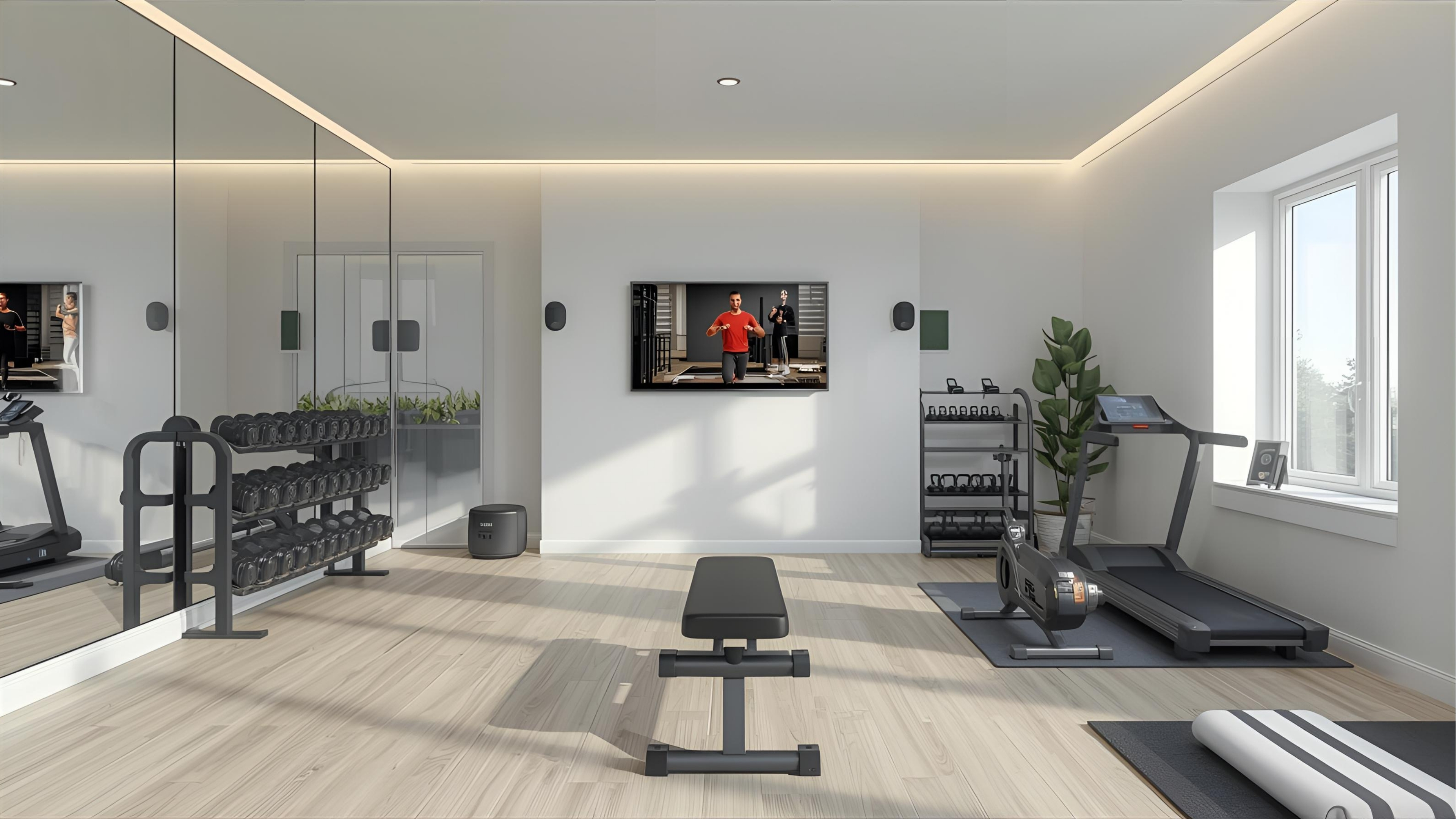 Home gym with large display, mirrors, and immersive sound