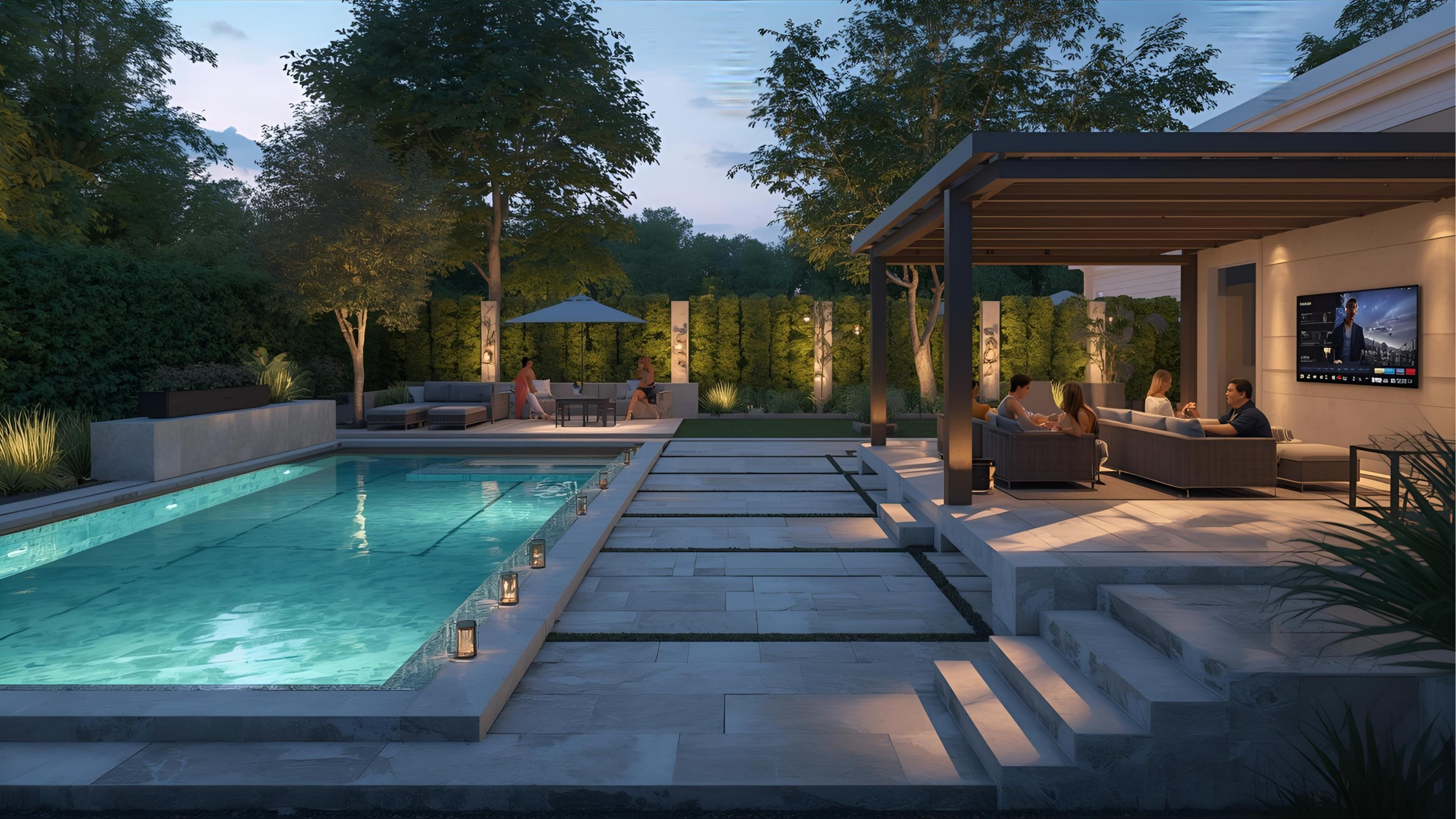 Poolside outdoor entertainment area with waterproof speakers and lighting