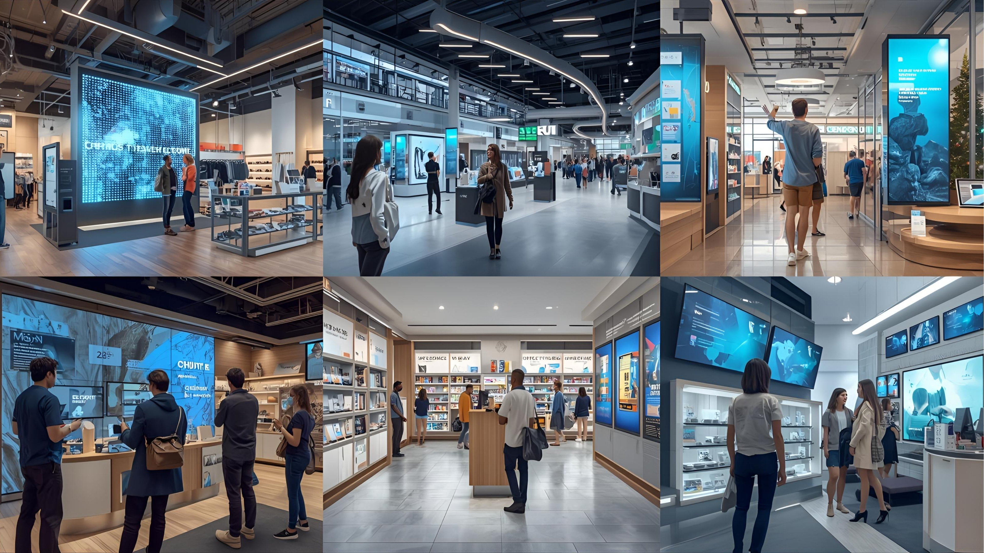 Modern retail AV environments including a flagship store with LED video wall, interactive kiosks, a mall atrium activation, and a storefront window with high-bright display.