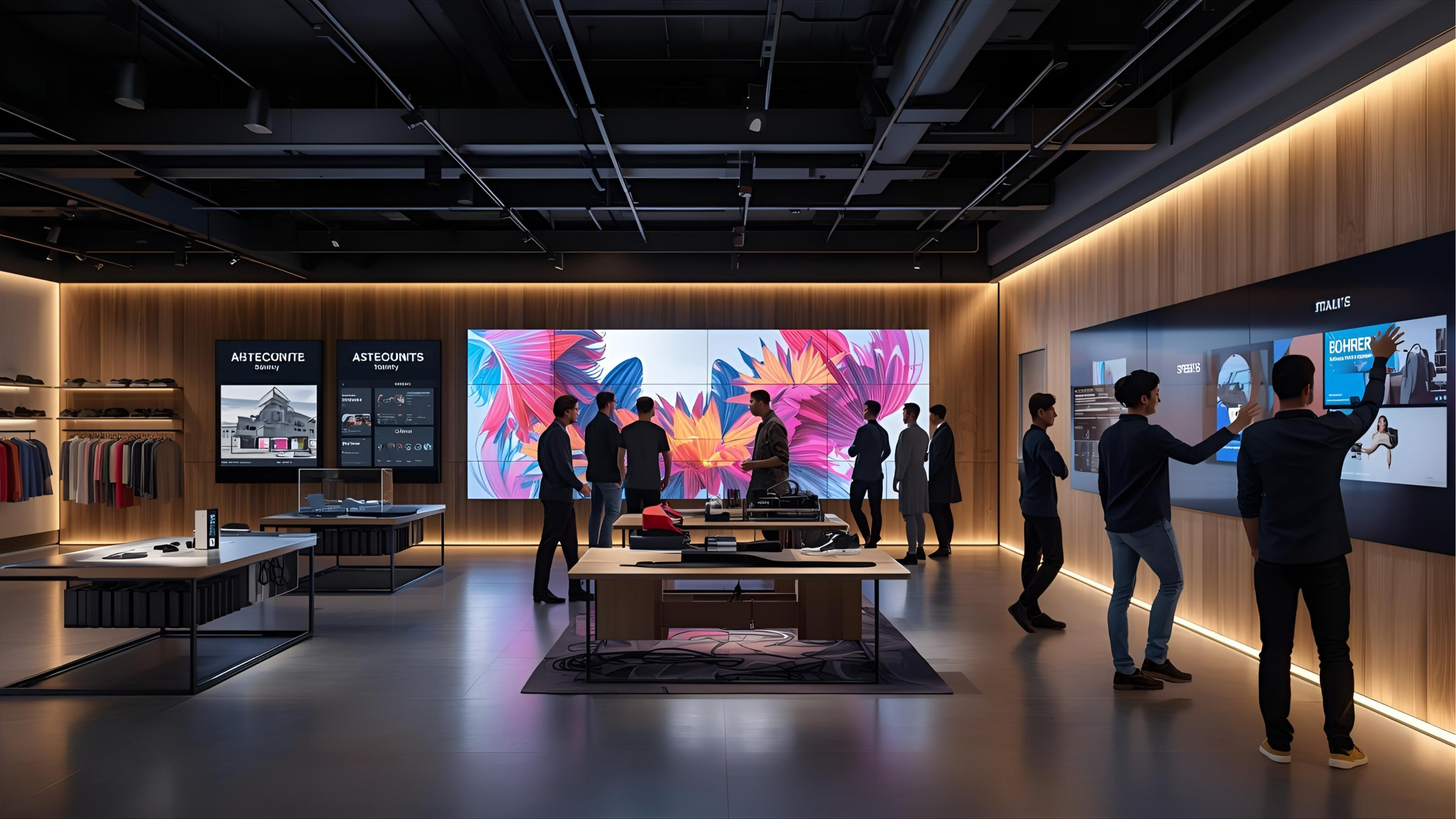 Flagship retail environment with LED feature wall, interactive displays and ambient audio