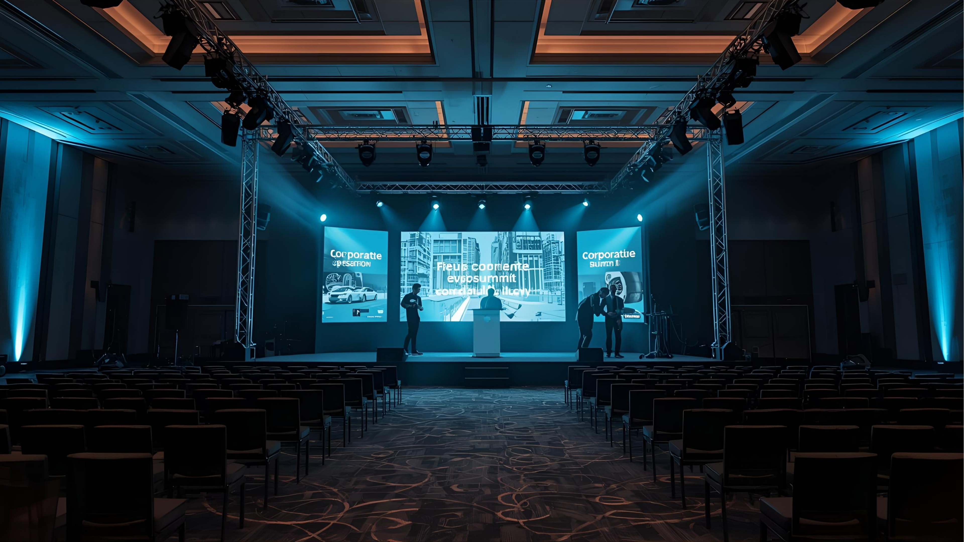 Corporate summit event with LED wall and stage lighting