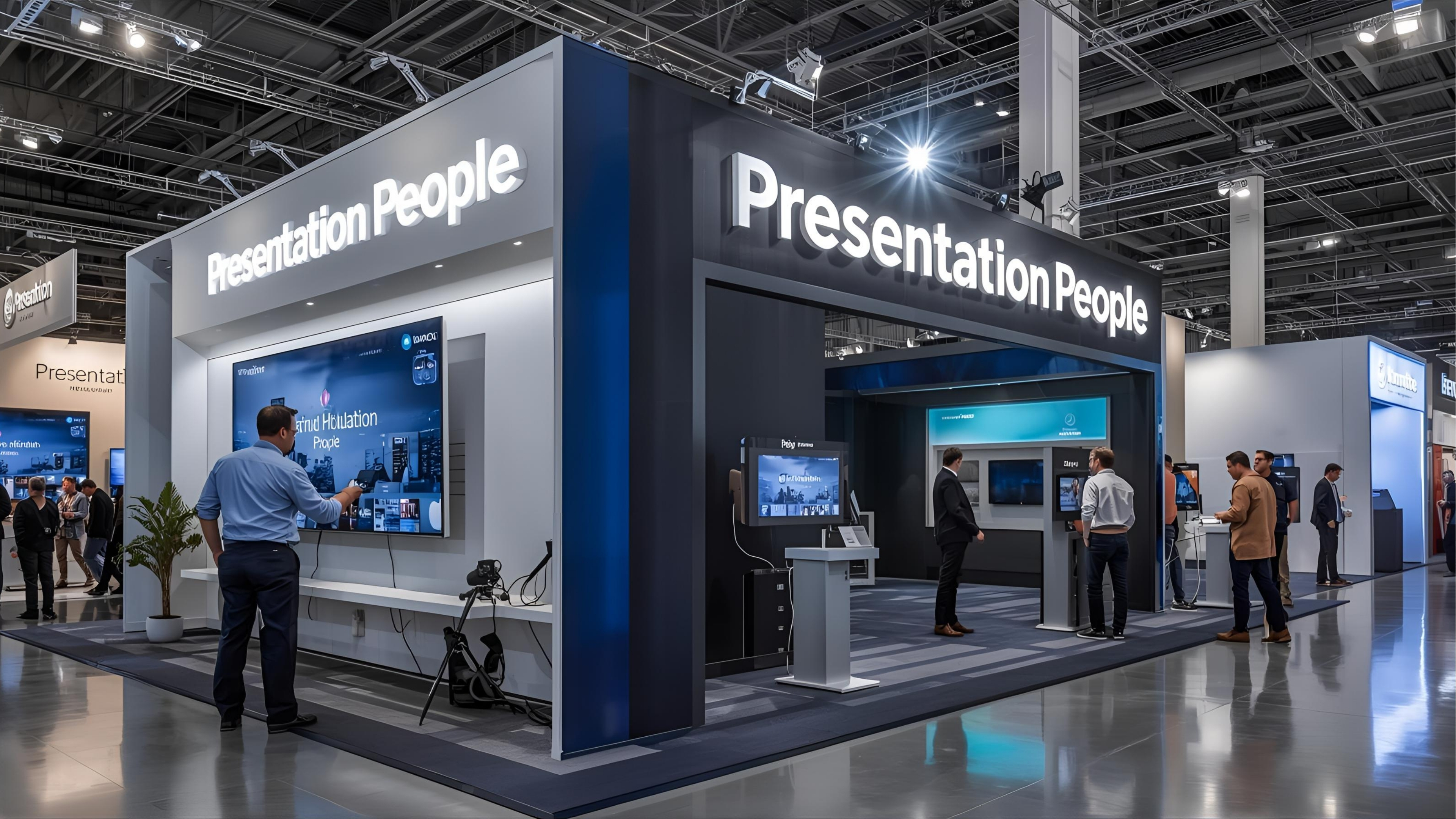 Exhibition booth setup with large display and audio playback