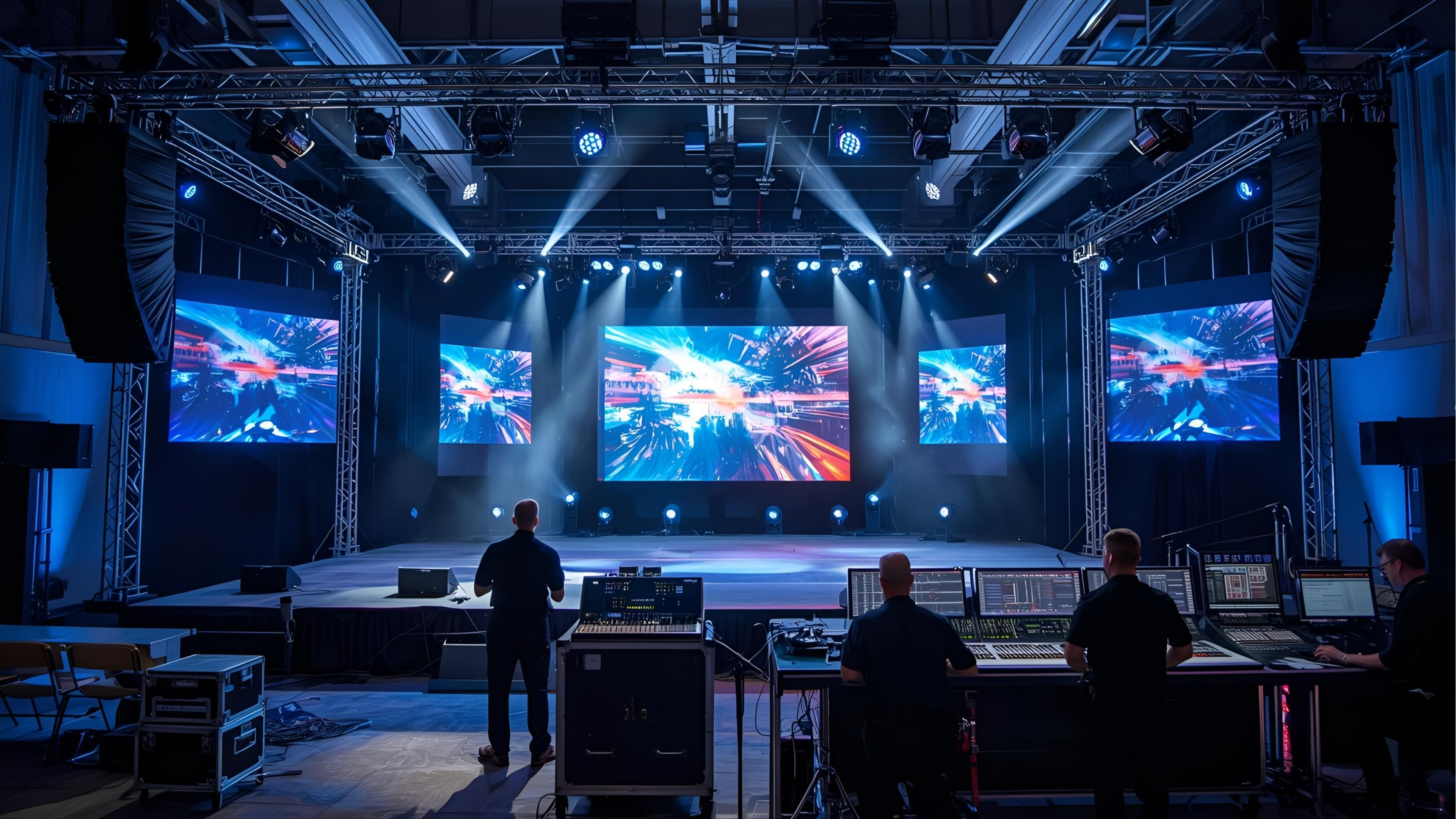 Professional AV rental setup with LED walls, lighting, and sound systems for events
