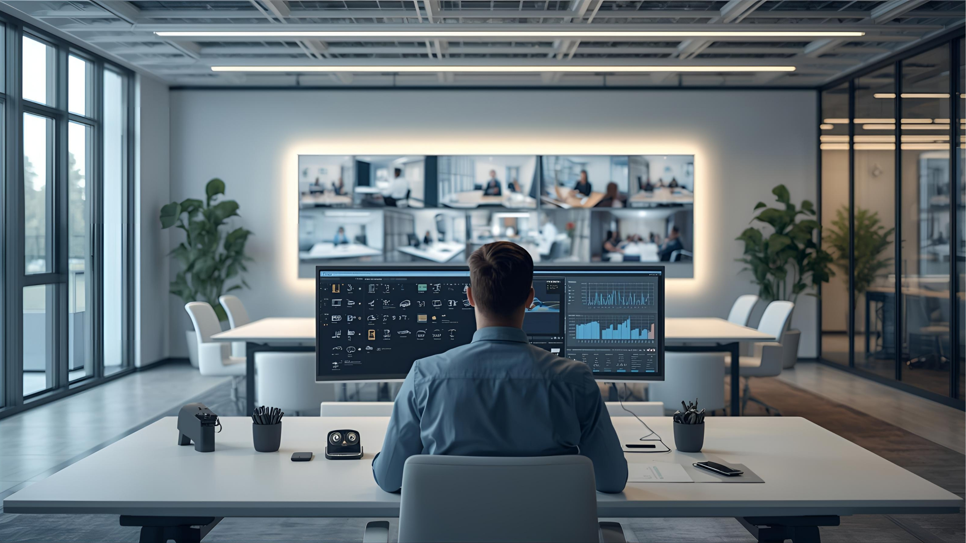 AV technician monitoring multiple systems through cloud dashboard and alerts