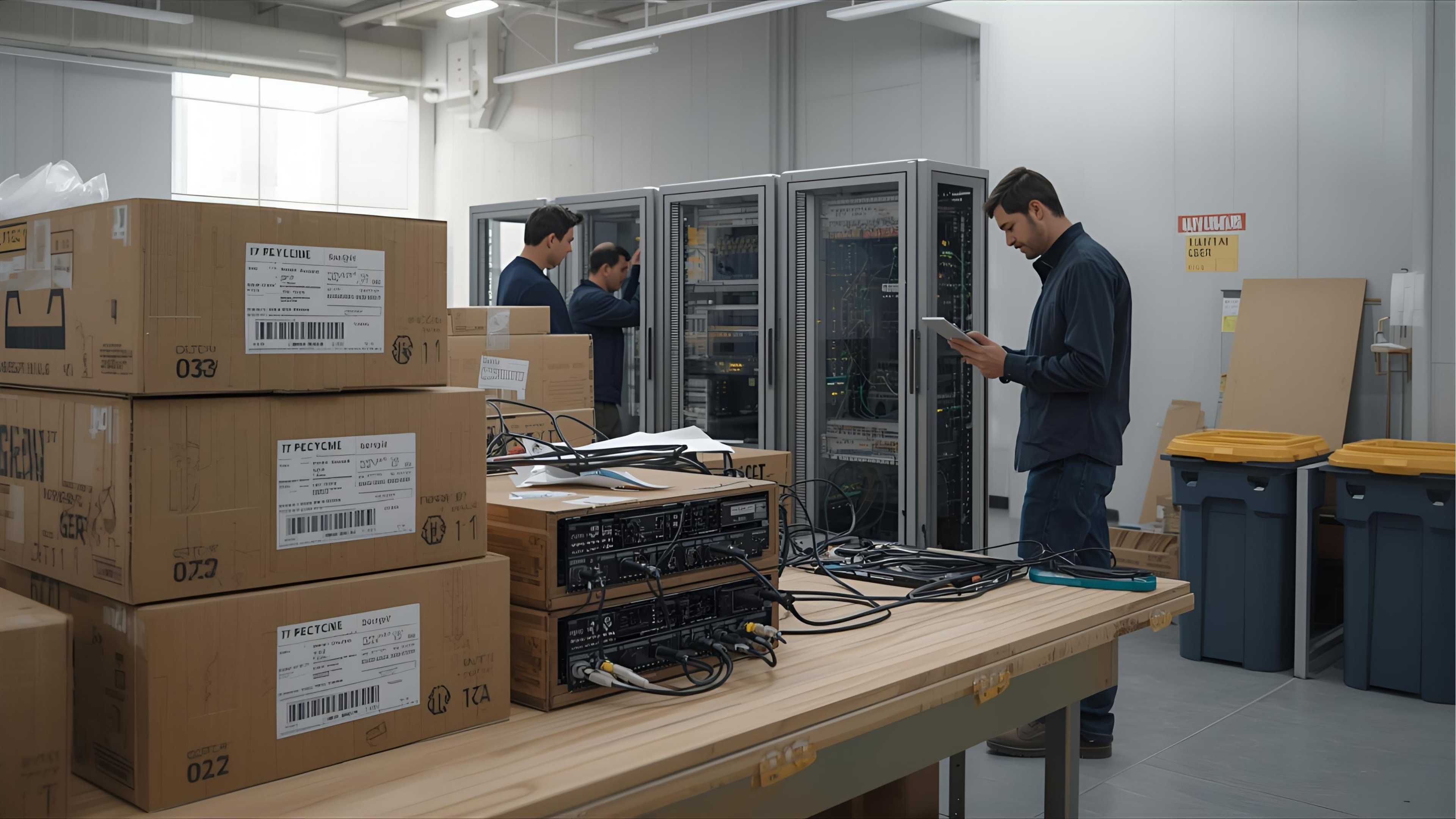 Technicians decommissioning and recycling outdated AV equipment responsibly