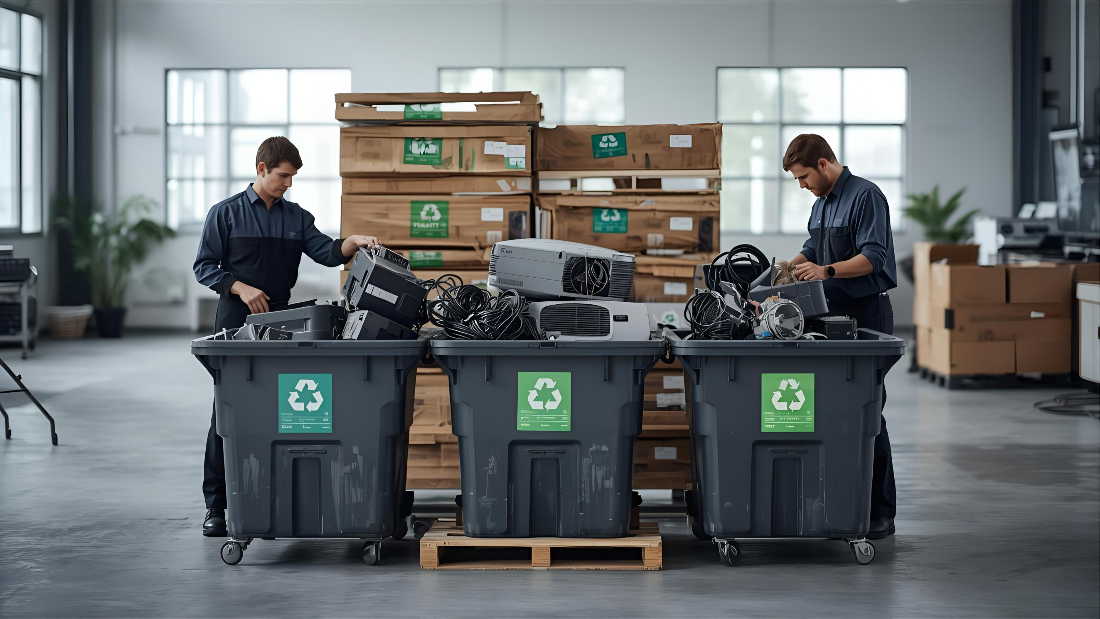 Technicians performing certified e-waste disposal after AV decommissioning