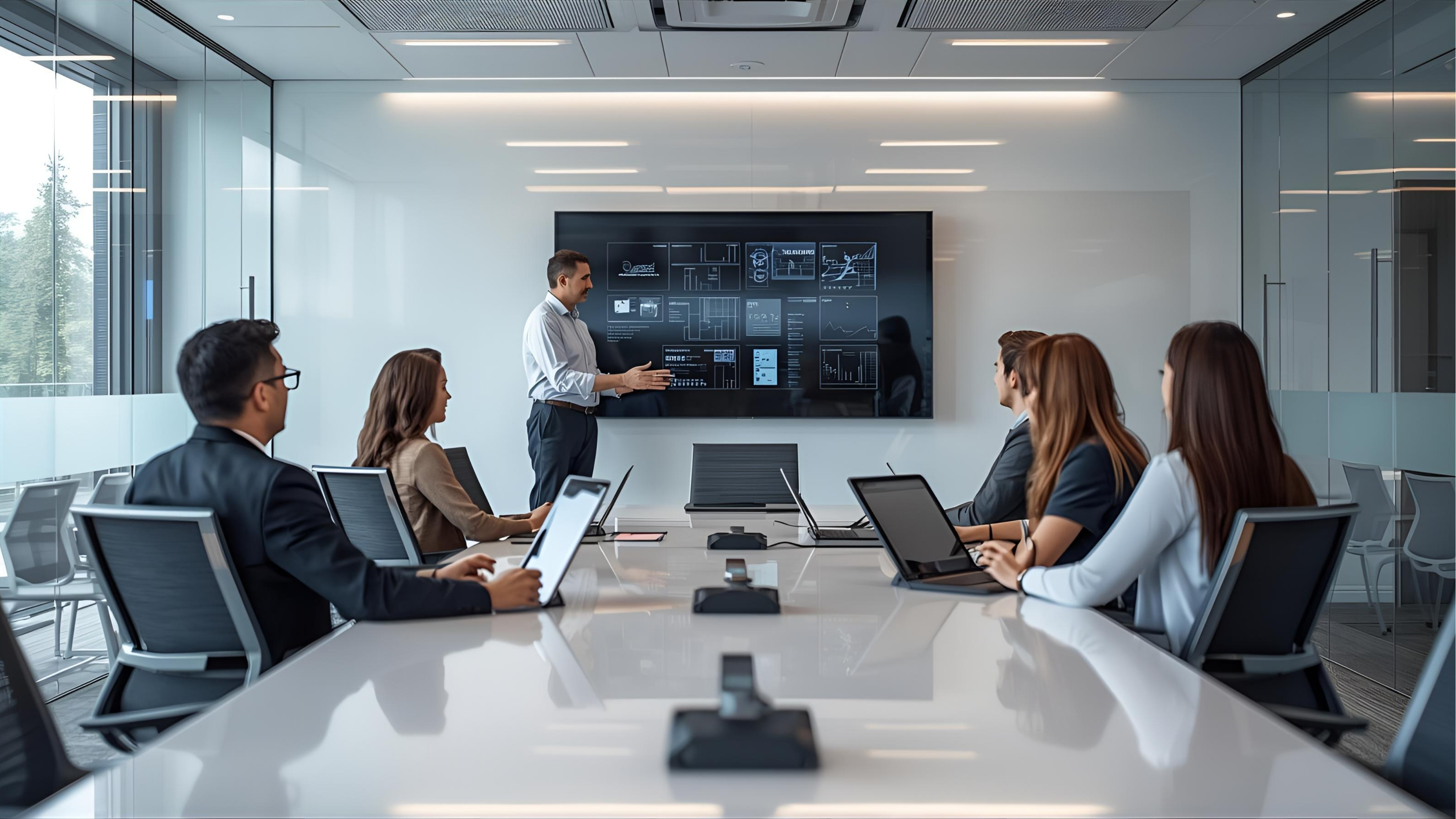 Instructor conducting AV user orientation in a meeting room