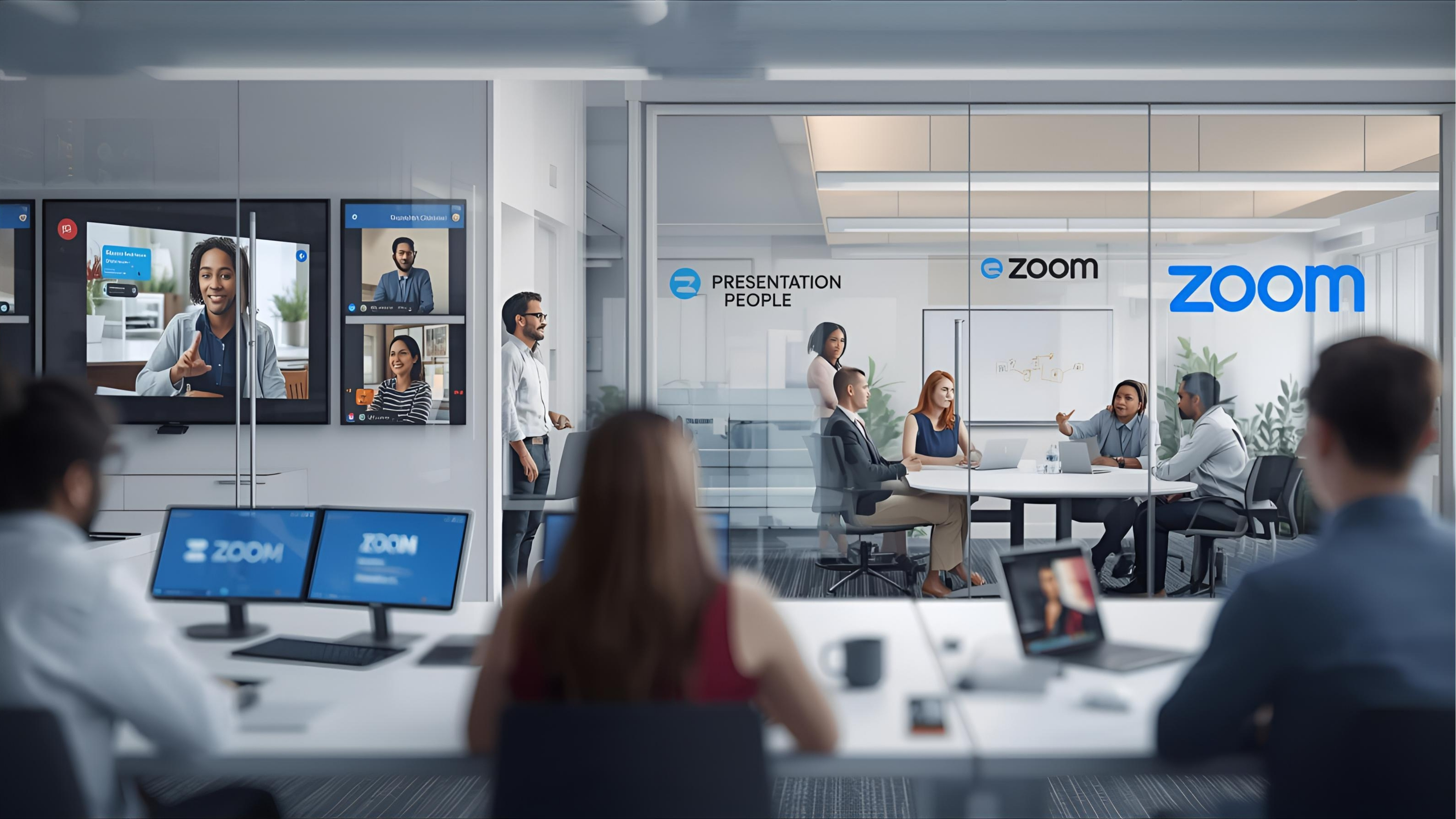 Presentation People — Zoom Workplace with meetings, chat, phone, and AI features in a modern hybrid workspace